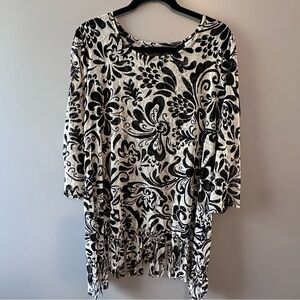 Chico’s Travelers Floral Fringed Tunic Top Size 3 XL Large Cover Up Resort